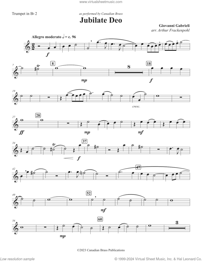 Jubilate Deo sheet music for brass quintet (Bb trumpet 2) by Canadian Brass, Arthur Frackenpohl and Giovanni Gabrieli, classical score, intermediate skill level