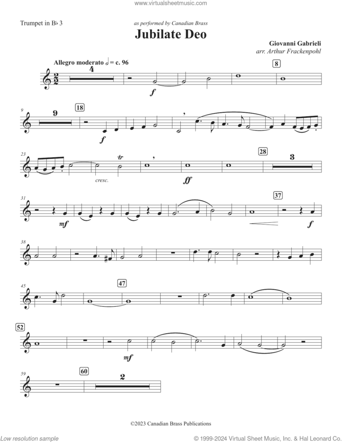 Jubilate Deo sheet music for brass quintet (Bb trumpet 3) by Canadian Brass, Arthur Frackenpohl and Giovanni Gabrieli, classical score, intermediate skill level