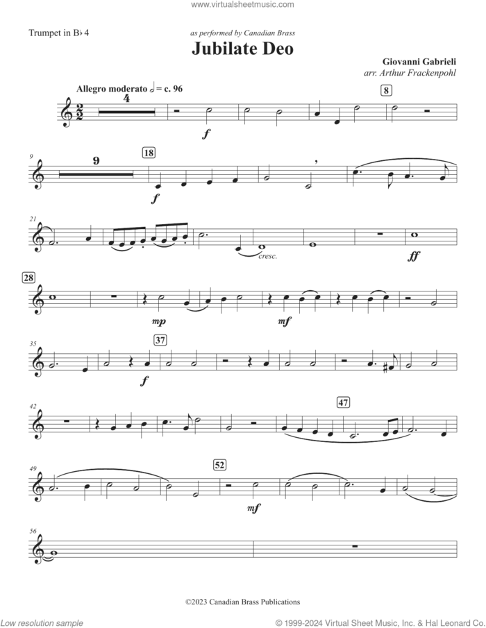 Jubilate Deo sheet music for brass quintet (Bb trumpet 4) by Canadian Brass, Arthur Frackenpohl and Giovanni Gabrieli, classical score, intermediate skill level