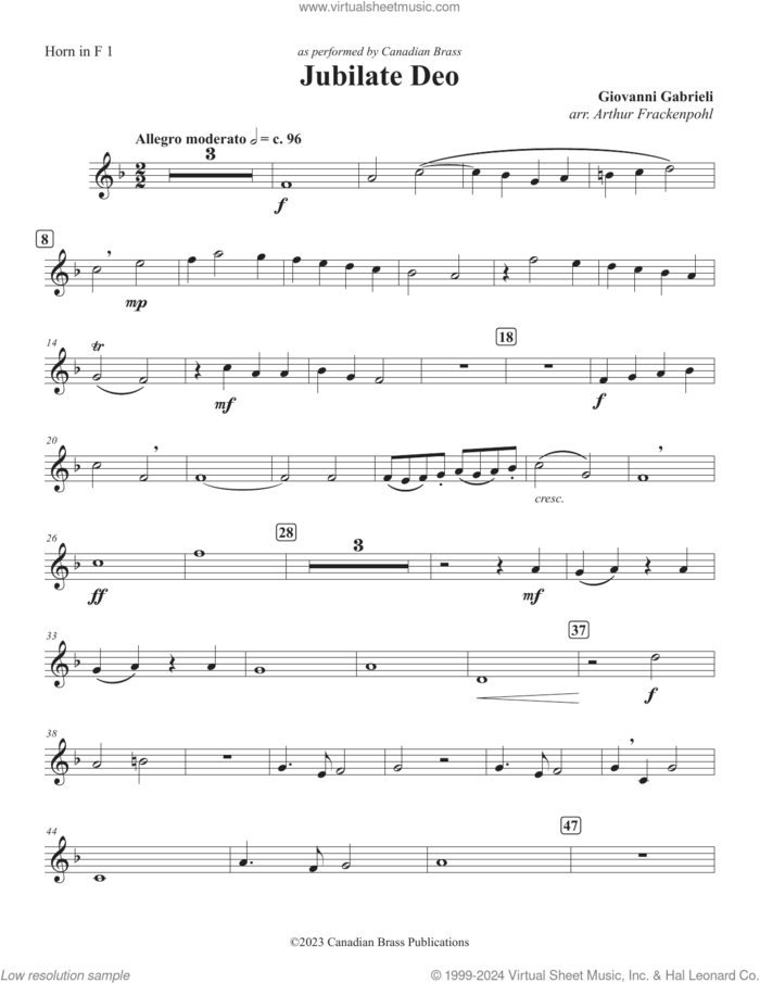 Jubilate Deo sheet music for brass quintet (f horn 1) by Canadian Brass, Arthur Frackenpohl and Giovanni Gabrieli, classical score, intermediate skill level