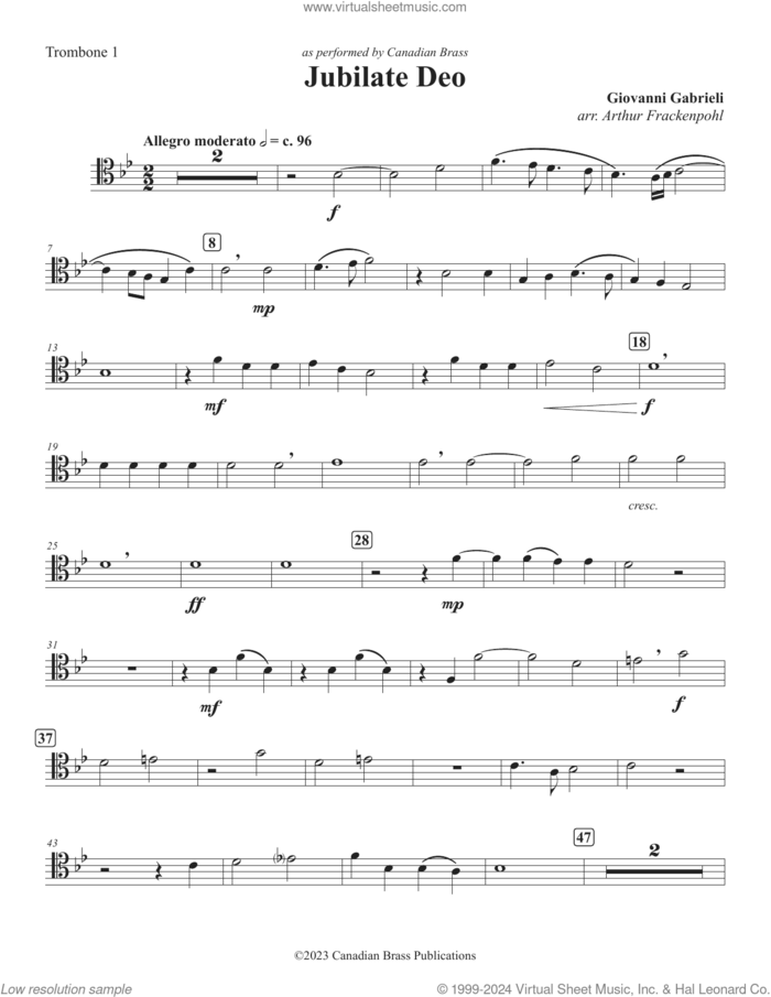 Jubilate Deo sheet music for brass quintet (trombone 1) by Canadian Brass, Arthur Frackenpohl and Giovanni Gabrieli, classical score, intermediate skill level