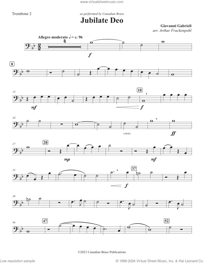 Jubilate Deo sheet music for brass quintet (trombone 2) by Canadian Brass, Arthur Frackenpohl and Giovanni Gabrieli, classical score, intermediate skill level