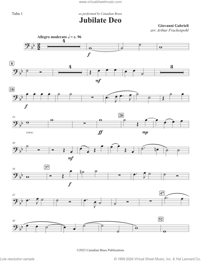 Jubilate Deo sheet music for brass quintet (tuba 1) by Canadian Brass, Arthur Frackenpohl and Giovanni Gabrieli, classical score, intermediate skill level