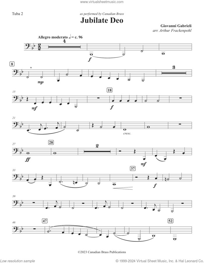 Jubilate Deo sheet music for brass quintet (tuba 2) by Canadian Brass, Arthur Frackenpohl and Giovanni Gabrieli, classical score, intermediate skill level