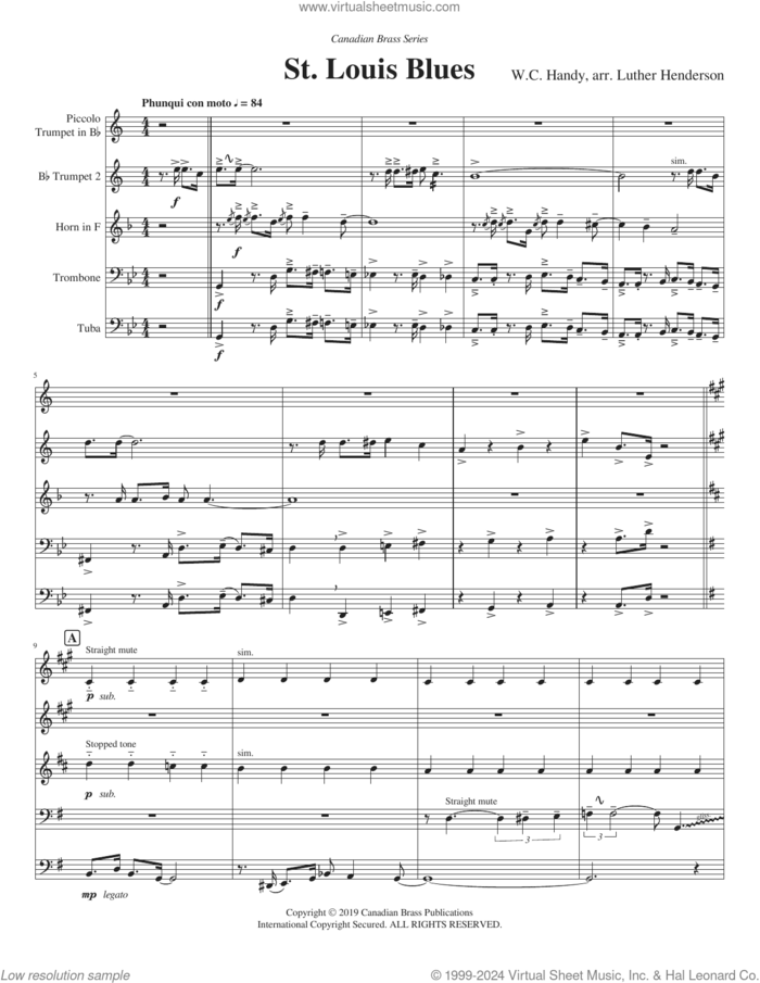 St. Louis Blues (COMPLETE) sheet music for brass quintet by Canadian Brass, Luther Henderson and W.C. Handy, intermediate skill level