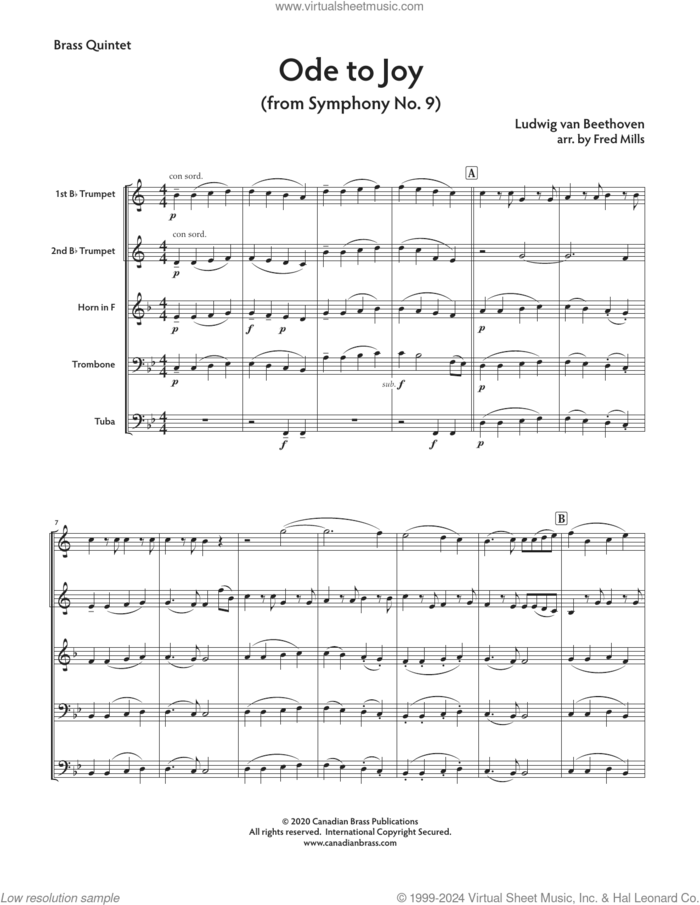 Ode to Joy (COMPLETE) sheet music for brass quintet by Ludwig van Beethoven, Canadian Brass and Fred Mills, classical score, intermediate skill level