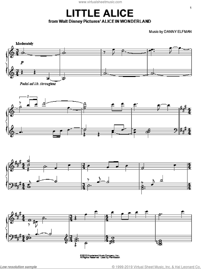 Little Alice sheet music for piano solo by Danny Elfman and Alice In Wonderland (Movie), intermediate skill level