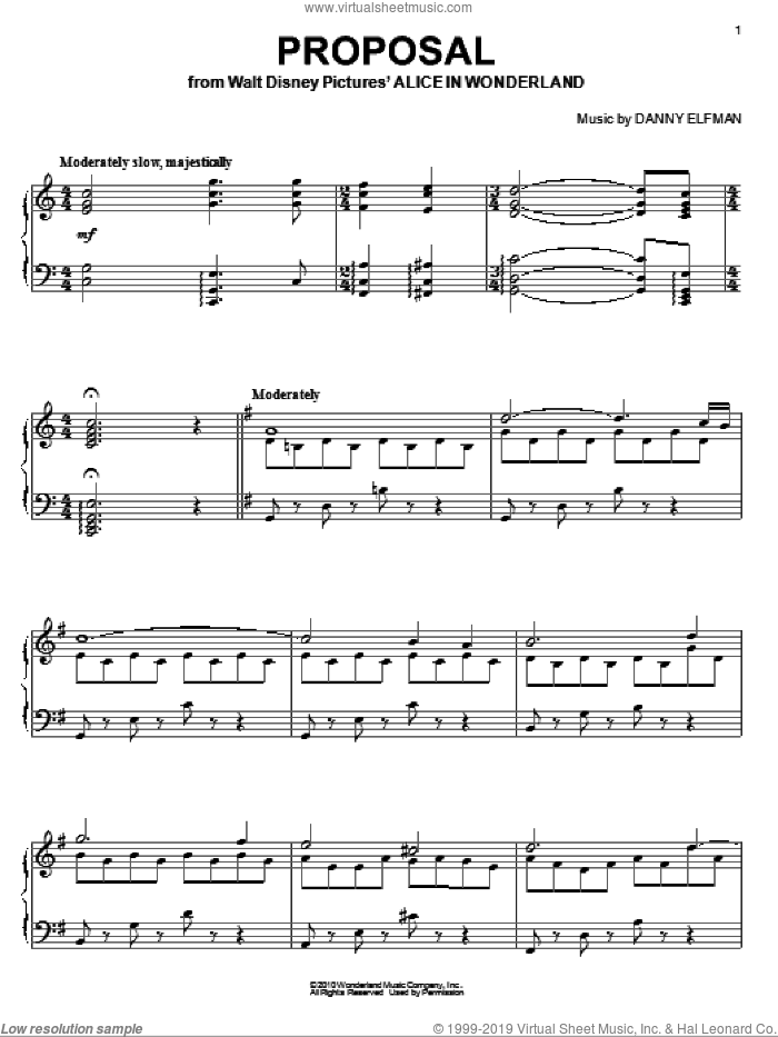 Proposal sheet music for piano solo by Danny Elfman and Alice In Wonderland (Movie), intermediate skill level