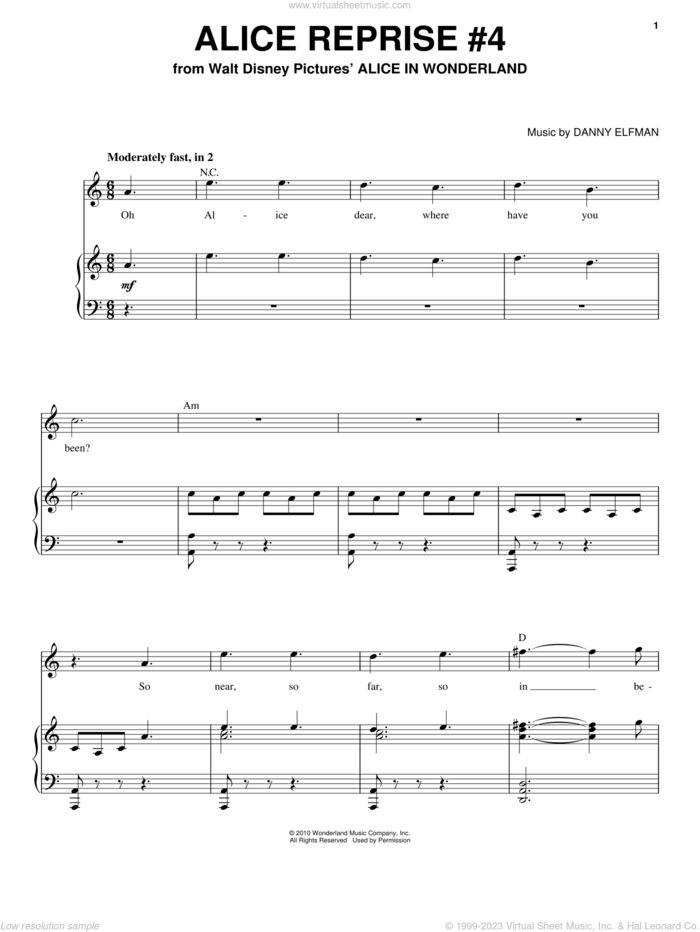 Alice Reprise #4 sheet music for voice, piano or guitar by Danny Elfman and Alice In Wonderland (Movie), intermediate skill level
