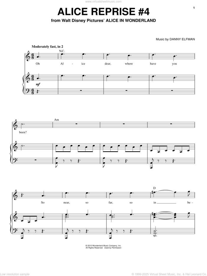 Alice Reprise #4 sheet music for voice, piano or guitar by Danny Elfman and Alice In Wonderland (Movie), intermediate skill level