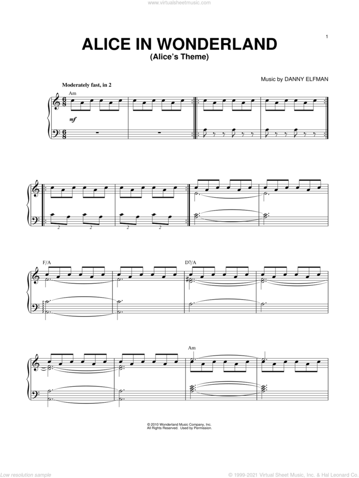 Alice's Theme sheet music for voice, piano or guitar by Danny Elfman and Alice In Wonderland (Movie), intermediate skill level