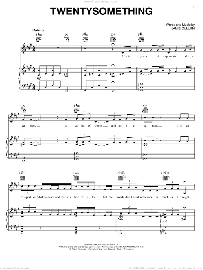 Twentysomething sheet music for voice, piano or guitar by Jamie Cullum, intermediate skill level