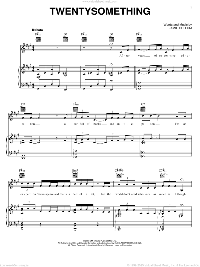 Twentysomething sheet music for voice, piano or guitar by Jamie Cullum, intermediate skill level