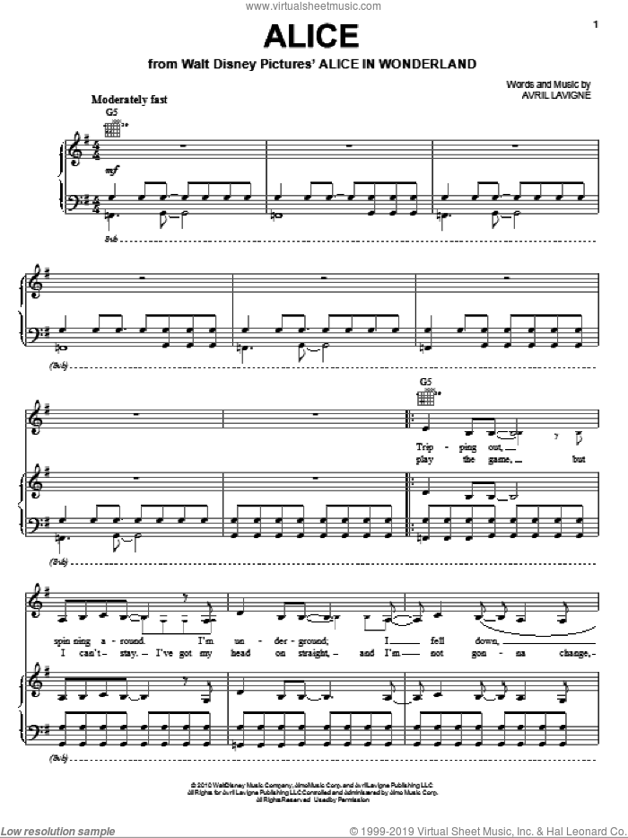 Alice sheet music for voice, piano or guitar by Avril Lavigne and Alice In Wonderland (Movie), intermediate skill level
