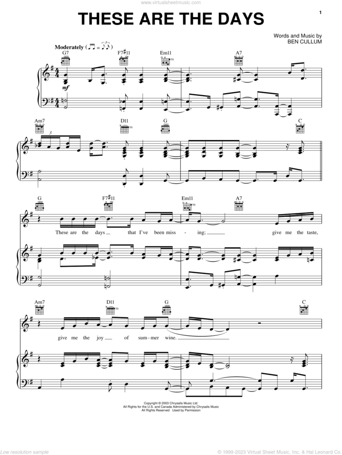 These Are The Days sheet music for voice, piano or guitar by Jamie Cullum and Ben Cullum, intermediate skill level