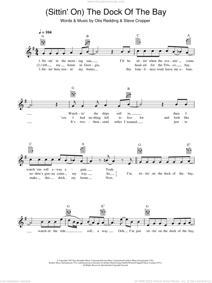 (Sittin' On) The Dock Of The Bay sheet music for ukulele by Otis Redding and Steve Cropper, intermediate skill level