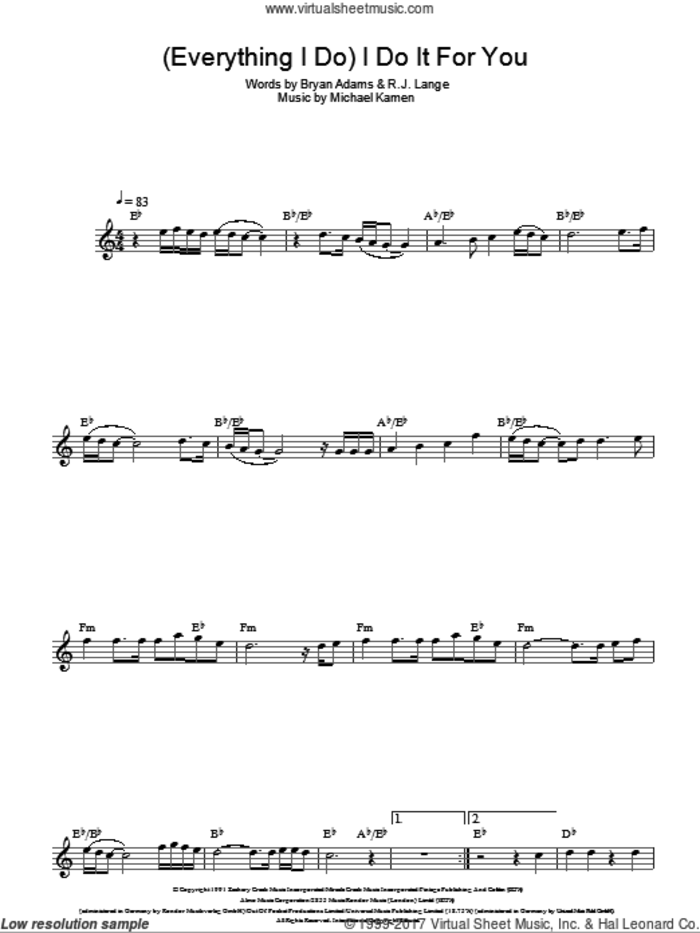 (Everything I Do) I Do It For You sheet music for voice and other instruments (fake book) by Bryan Adams, Michael Kamen and Robert John Lange, intermediate skill level