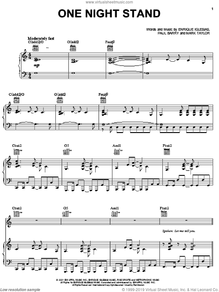 One Night Stand sheet music for voice, piano or guitar by Enrique Iglesias, Mark Taylor and Paul Barry, intermediate skill level