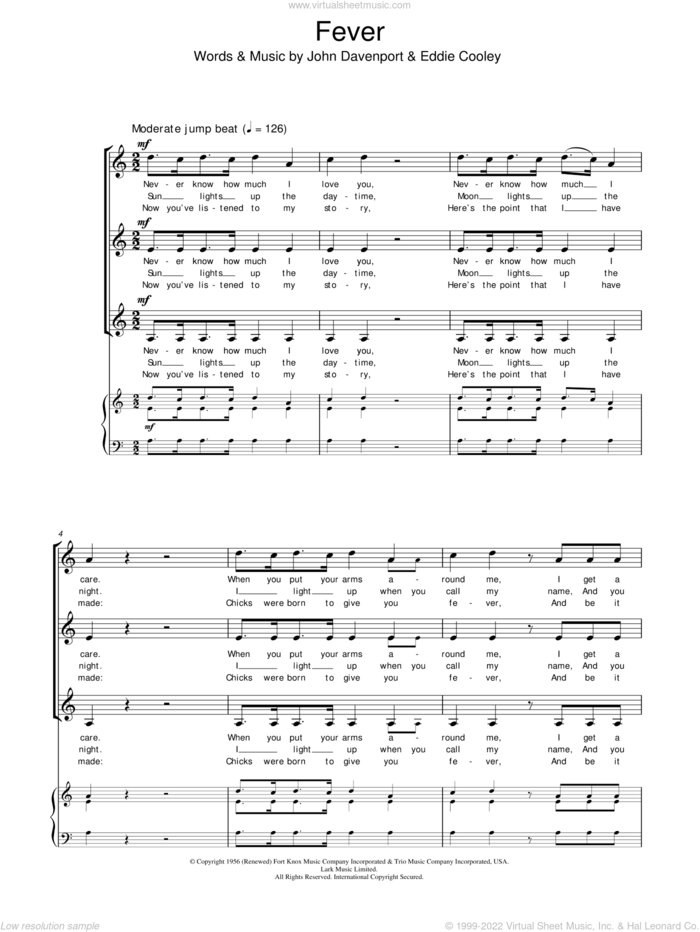 Fever sheet music for choir (SSA: soprano, alto) by Peggy Lee, Eddie Cooley and John Davenport, intermediate skill level