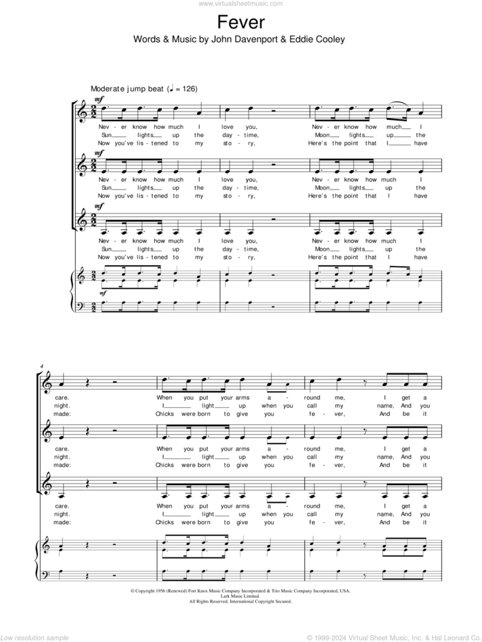 Fever sheet music for choir (SSA: soprano, alto) by Peggy Lee, Eddie Cooley and John Davenport, intermediate skill level