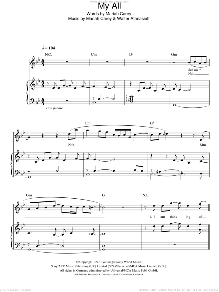 My All sheet music for voice, piano or guitar by Mariah Carey and Walter Afanasieff, intermediate skill level