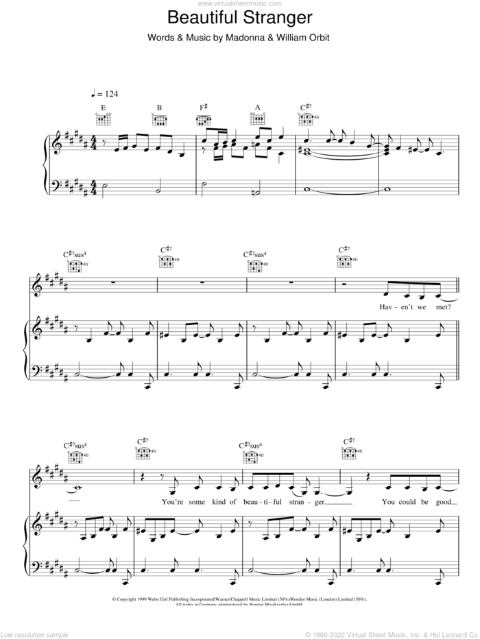 Beautiful Stranger sheet music for voice, piano or guitar by Madonna and William Orbit, intermediate skill level