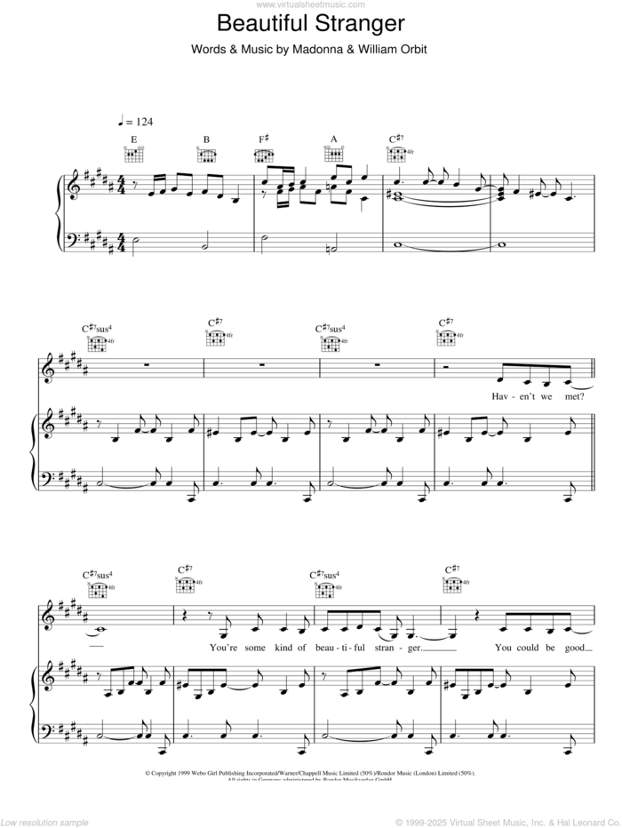 Beautiful Stranger sheet music for voice, piano or guitar by Madonna and William Orbit, intermediate skill level