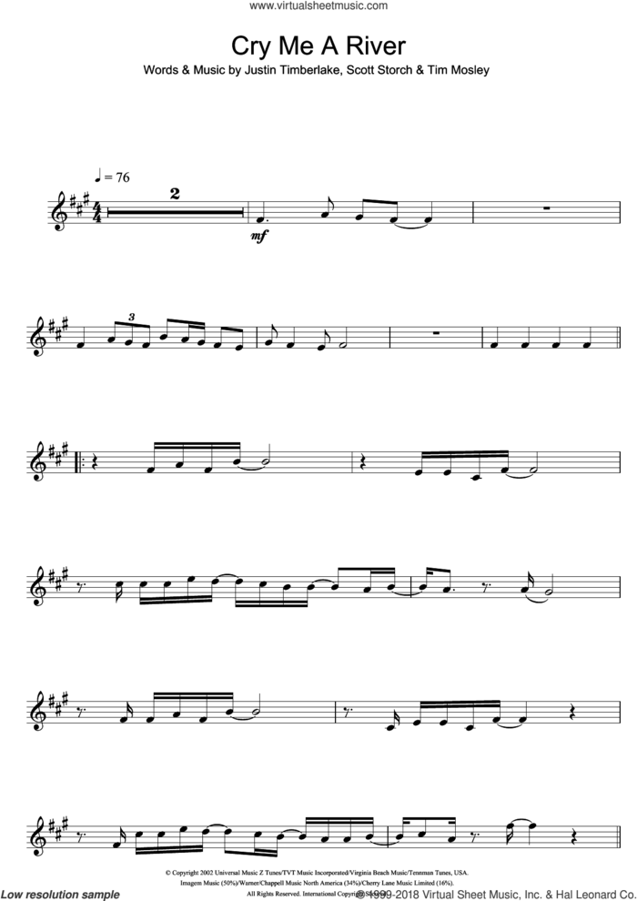 Cry Me A River sheet music for alto saxophone solo by Justin Timberlake, Scott Storch and Tim Mosley, intermediate skill level