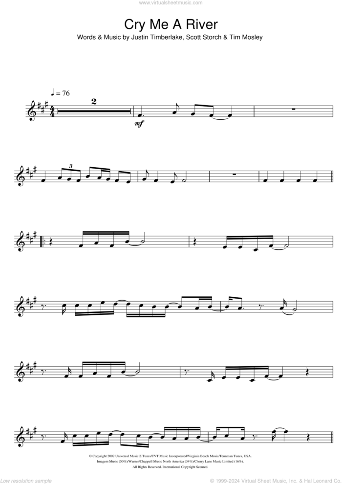 Cry Me A River sheet music for alto saxophone solo by Justin Timberlake, Scott Storch and Tim Mosley, intermediate skill level