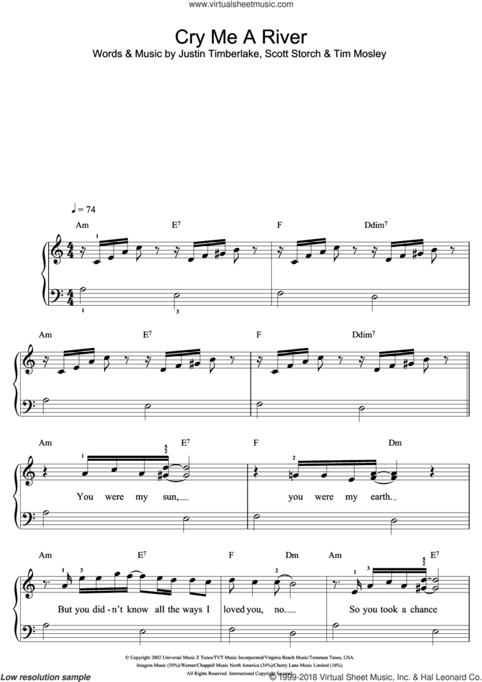 Cry Me A River sheet music for piano solo (beginners) by Justin Timberlake, Scott Storch and Tim Mosley, beginner piano (beginners)