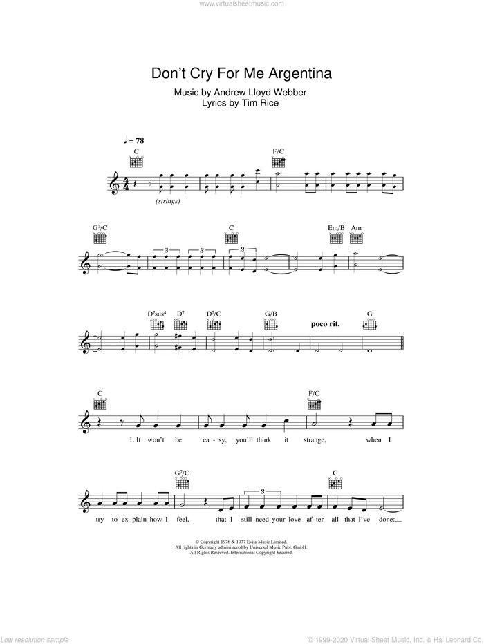 Don't Cry For Me Argentina sheet music for voice and other instruments (fake book) by Andrew Lloyd Webber and Tim Rice, intermediate skill level