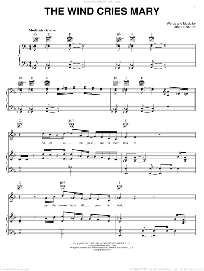 The Wind Cries Mary sheet music for voice, piano or guitar by Jamie Cullum and Jimi Hendrix, intermediate skill level