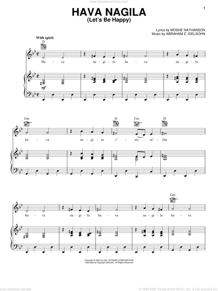 Hava Nagila (Let's Be Happy) sheet music for voice, piano or guitar by Moshe Nathanson and Abraham Z. Idelsohn, intermediate skill level