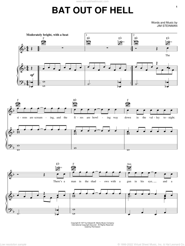 Bat Out Of Hell sheet music for voice, piano or guitar by Meat Loaf and Jim Steinman, intermediate skill level