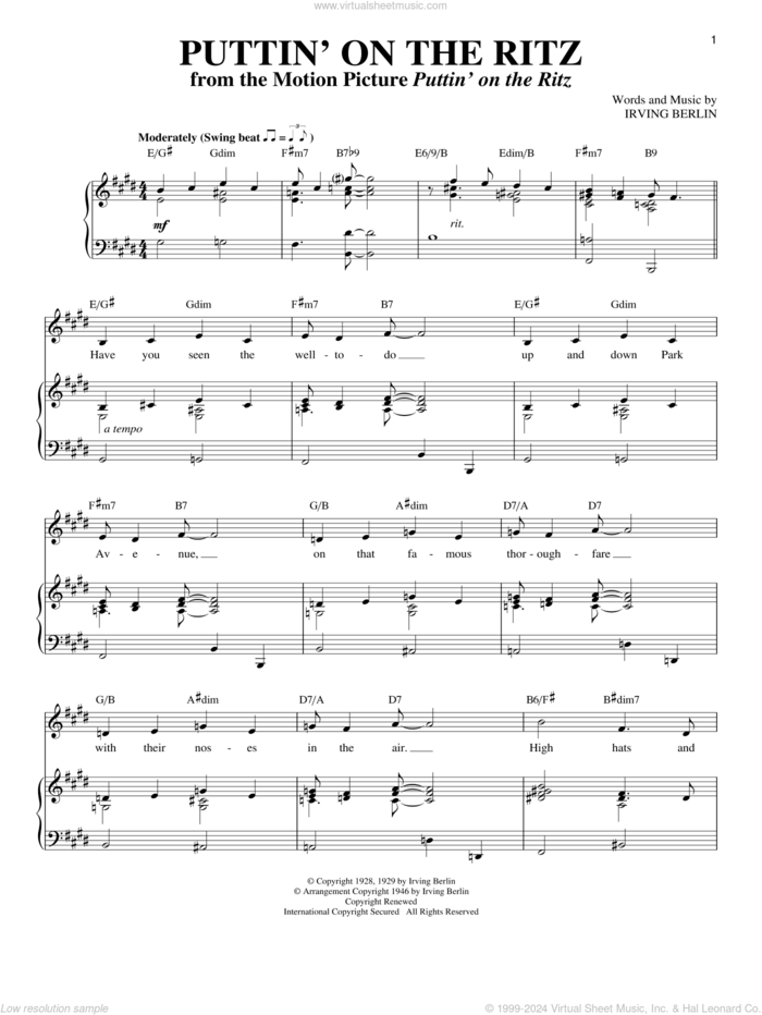 Puttin' On The Ritz sheet music for voice and piano by Irving Berlin, intermediate skill level