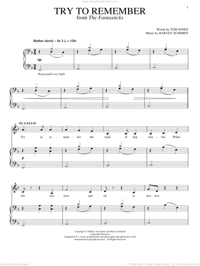 Try To Remember sheet music for voice and piano by Harvey Schmidt, The Fantasticks (Musical) and Tom Jones, intermediate skill level