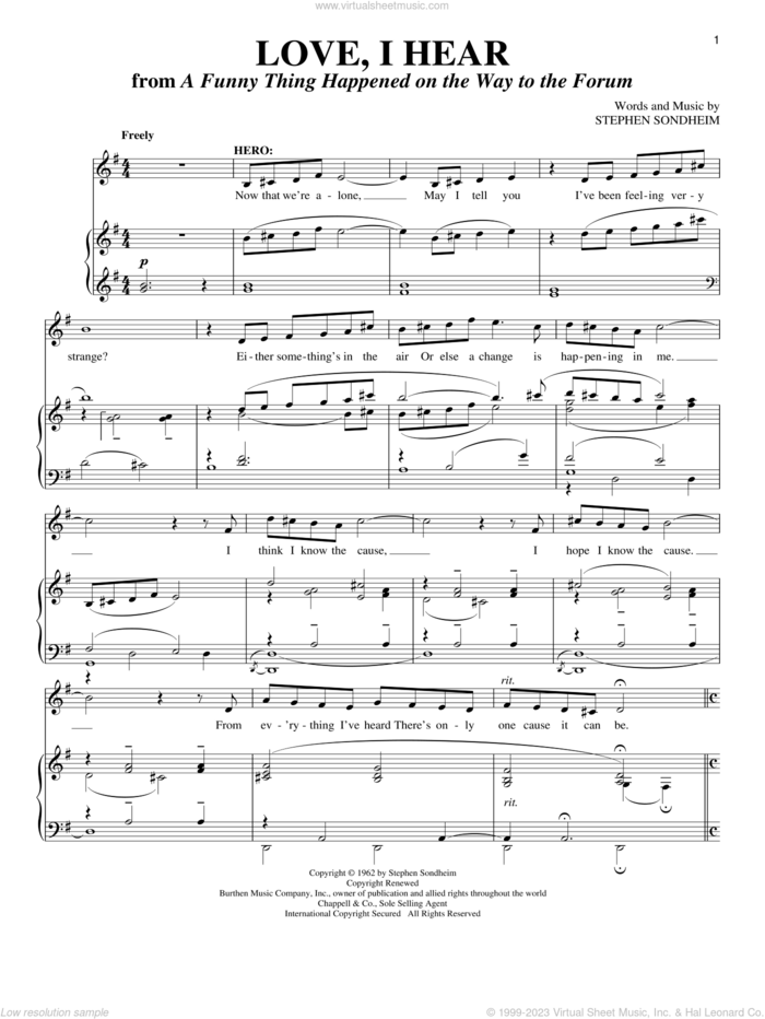 Love, I Hear sheet music for voice and piano by Stephen Sondheim, intermediate skill level