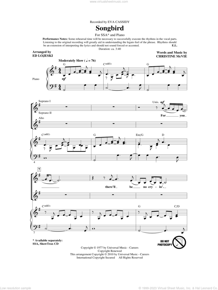 Songbird sheet music for choir (SSA: soprano, alto) by Christine McVie, Ed Lojeski, Eva Cassidy and Fleetwood Mac, intermediate skill level