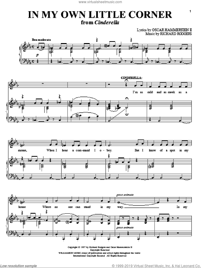 In My Own Little Corner sheet music for voice, piano or guitar by Rodgers & Hammerstein, Cinderella (Musical), Oscar II Hammerstein and Richard Rodgers, intermediate skill level