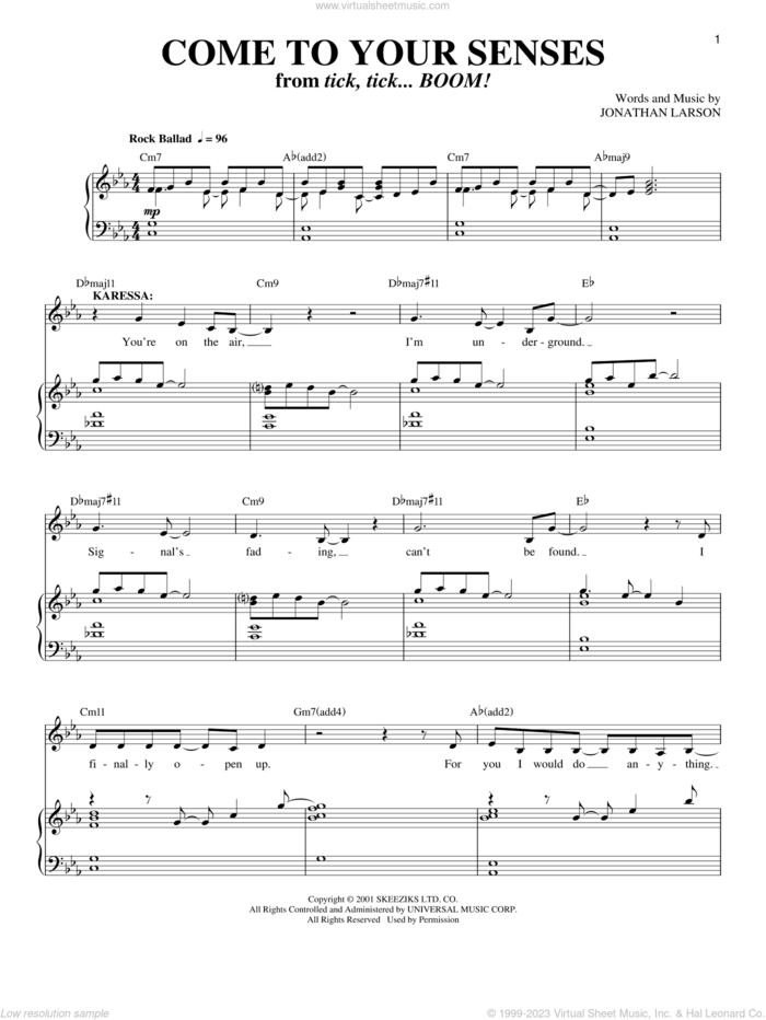 Come To Your Senses (from tick, tick... BOOM!) sheet music for voice, piano or guitar by Jonathan Larson and Tick, Tick...Boom! (Musical), intermediate skill level
