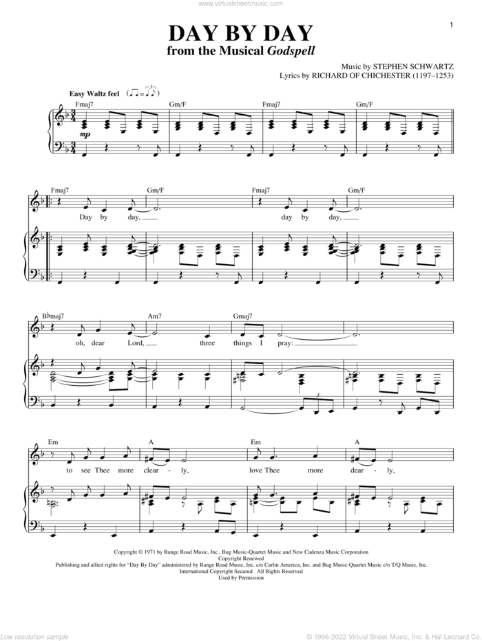 Day By Day (from Godspell) sheet music for voice, piano or guitar by Stephen Schwartz and Godspell (Musical), intermediate skill level