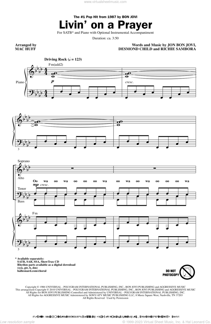 Livin' On A Prayer (arr. Mac Huff) sheet music for choir (SATB: soprano, alto, tenor, bass) by Bon Jovi, Desmond Child, Richie Sambora and Mac Huff, intermediate skill level