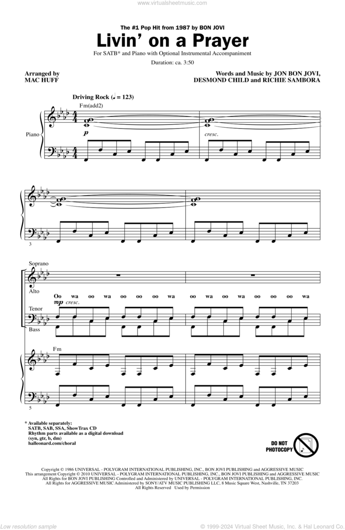 Livin' On A Prayer (arr. Mac Huff) sheet music for choir (SATB: soprano, alto, tenor, bass) by Bon Jovi, Desmond Child, Richie Sambora and Mac Huff, intermediate skill level