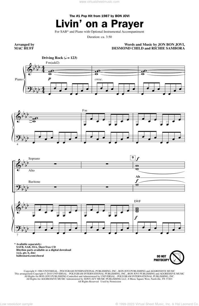 Livin' On A Prayer (arr. Mac Huff) sheet music for choir (SAB: soprano, alto, bass) by Bon Jovi, Desmond Child, Richie Sambora and Mac Huff, intermediate skill level