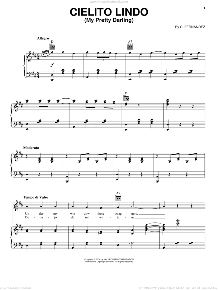 Cielito Lindo (My Pretty Darling) sheet music for voice, piano or guitar by Cortez Fernandez, intermediate skill level