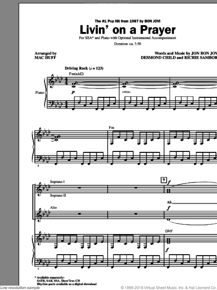Livin' On A Prayer (arr. Mac Huff) sheet music for choir (SSA: soprano, alto) by Bon Jovi, Desmond Child, Richie Sambora and Mac Huff, intermediate skill level