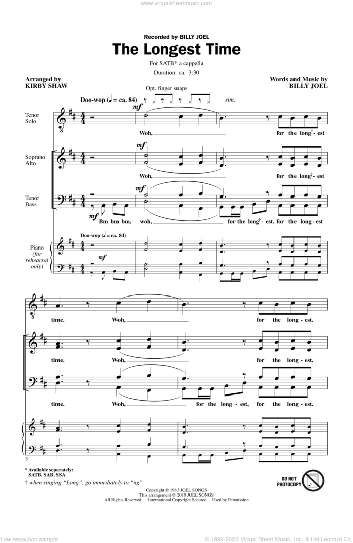 The Longest Time sheet music for choir (SATB: soprano, alto, tenor, bass) by Billy Joel and Kirby Shaw, intermediate skill level