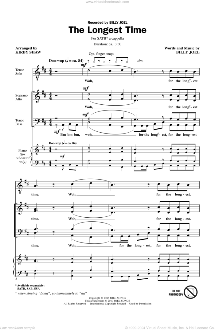 The Longest Time sheet music for choir (SATB: soprano, alto, tenor, bass) by Billy Joel and Kirby Shaw, intermediate skill level