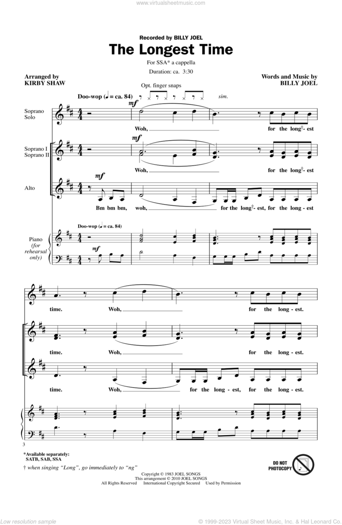 The Longest Time (arr. Kirby Shaw) sheet music for choir (SSA: soprano, alto) by Billy Joel and Kirby Shaw, intermediate skill level