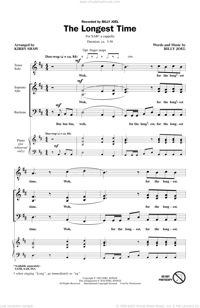 The Longest Time (SAB with Tenor Solo) (arr. Kirby Shaw) sheet music for choir and piano (SATB) by Billy Joel and Kirby Shaw, intermediate skill level